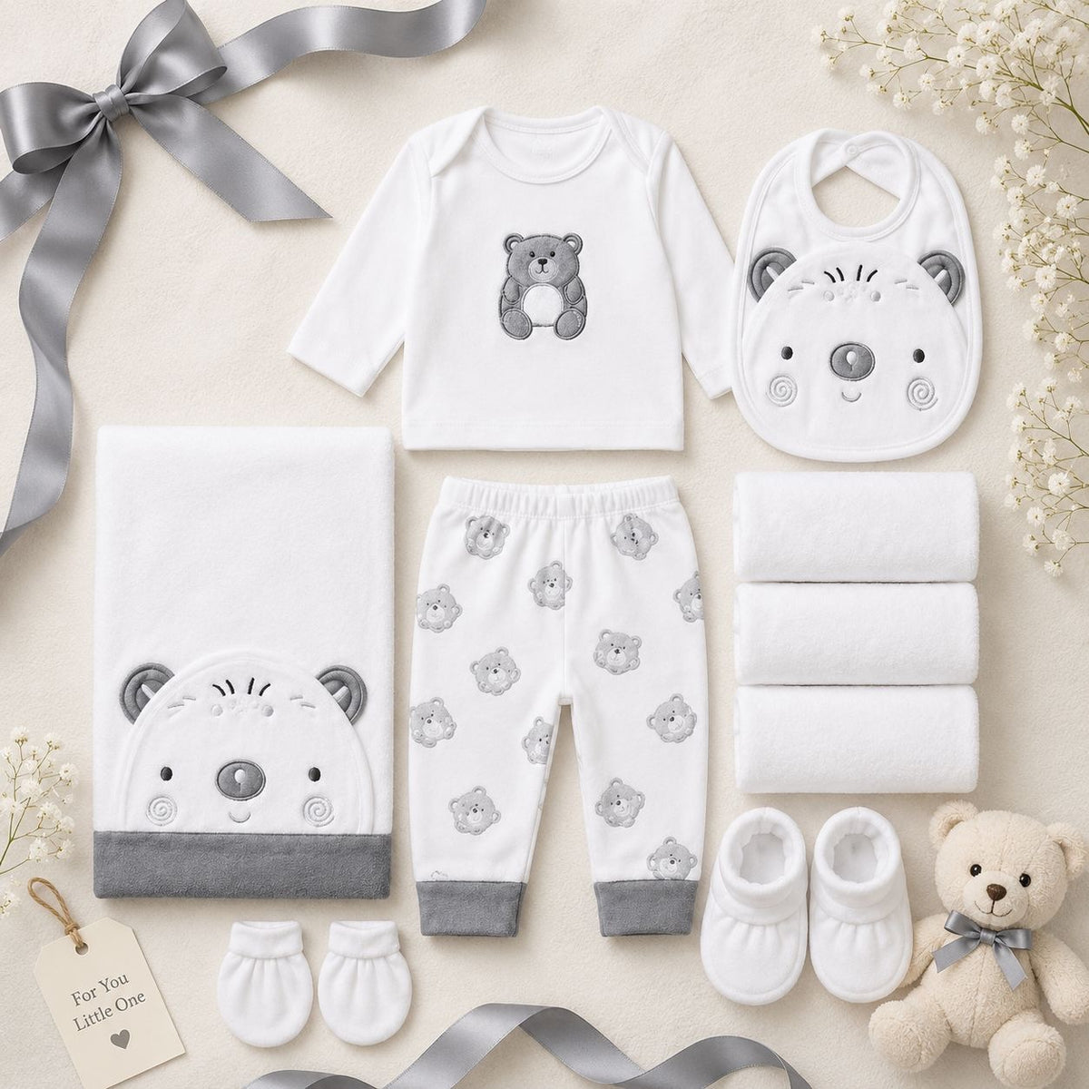 Premium Teddy Bear Newborn Gift Set – Grey & White Collection
