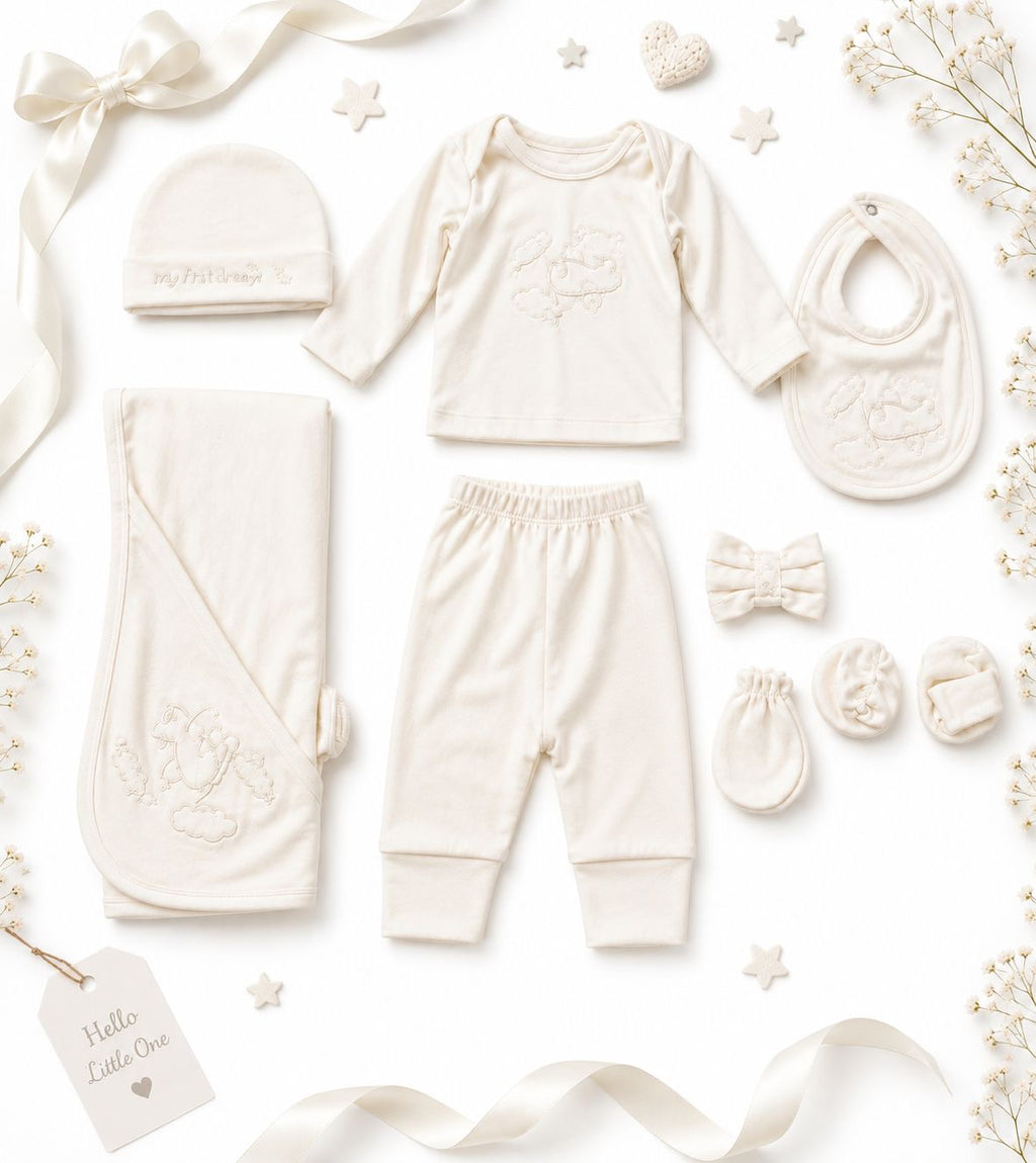 MiniMora Premium 9-Piece Newborn Gift Set – Ultra Soft Cotton Baby Essentials (Cream White)