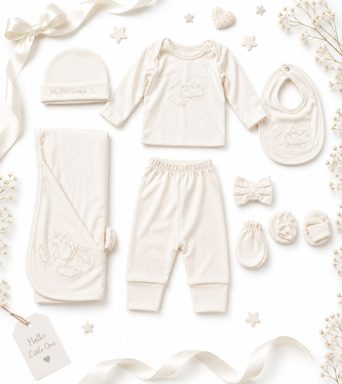 MiniMora Premium 9-Piece Newborn Gift Set – Ultra Soft Cotton Baby Essentials (Cream White)