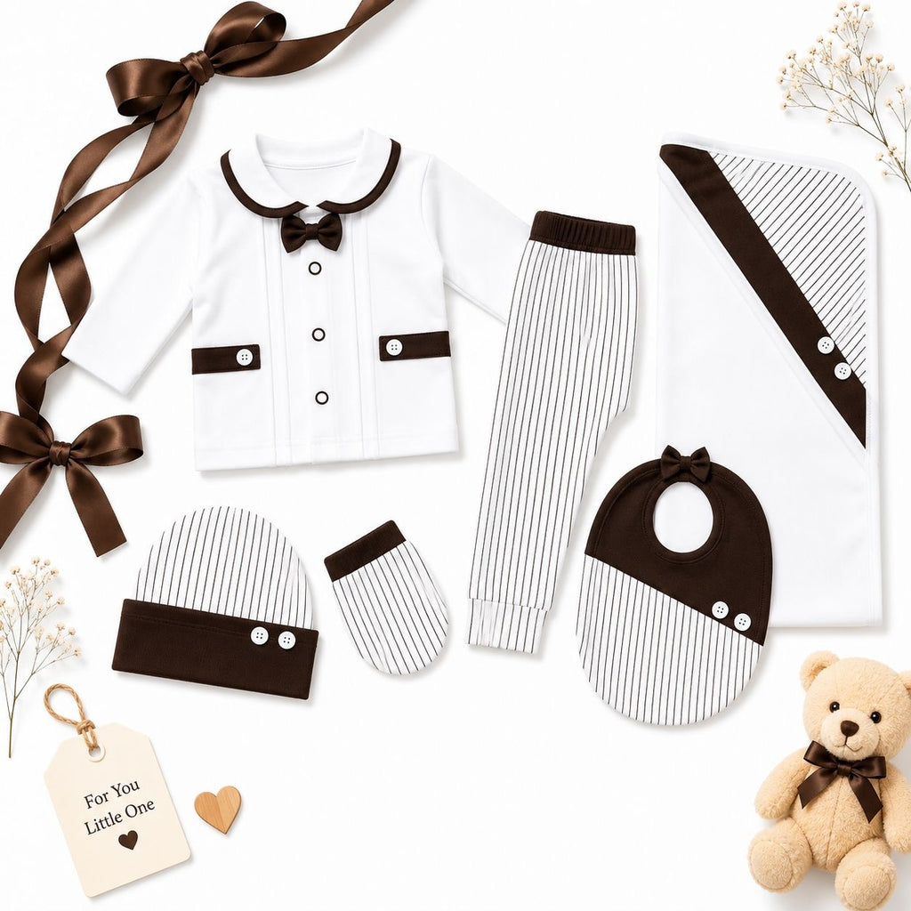 Classic Navy Brown & White Baby Boy 7-Piece Gift Set