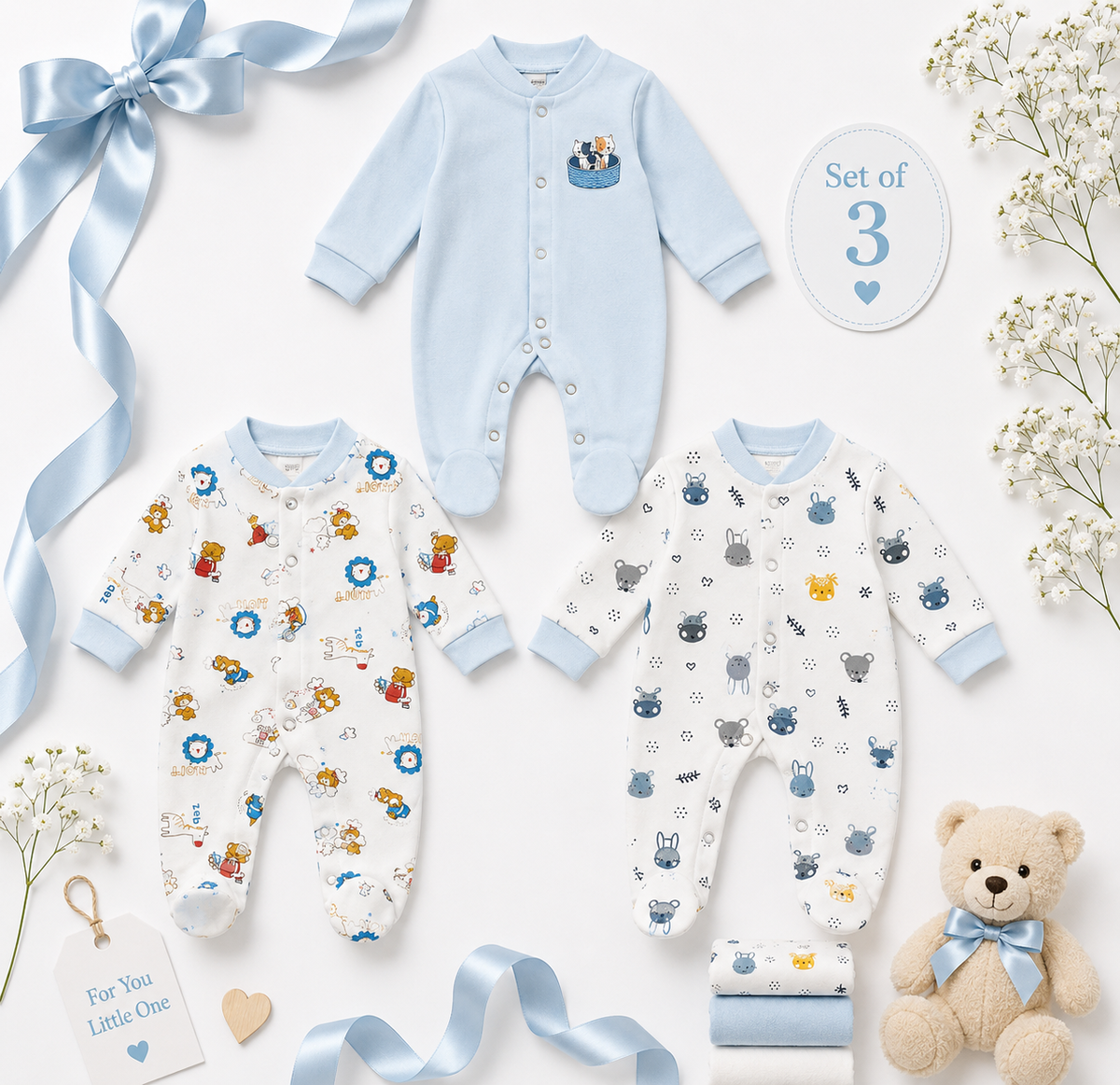 3 Piece Baby Romper Set – Blue Collection | 0–3 Months