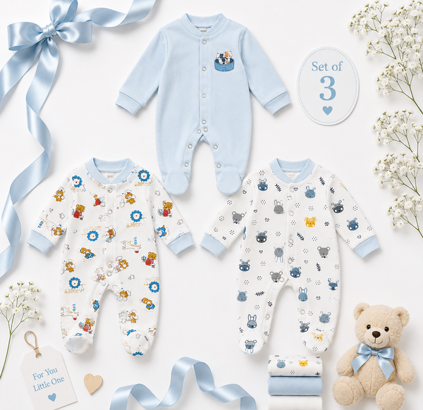 3 Piece Baby Romper Set – Blue Collection | 0–3 Months