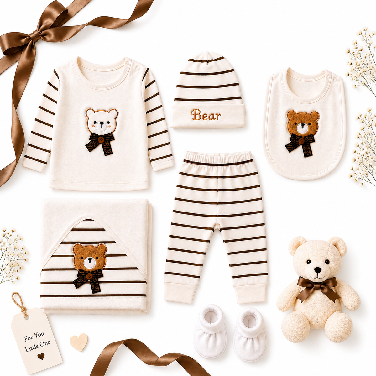 7-Piece Newborn Baby Gift Set – White & Brown Teddy Bear Collection