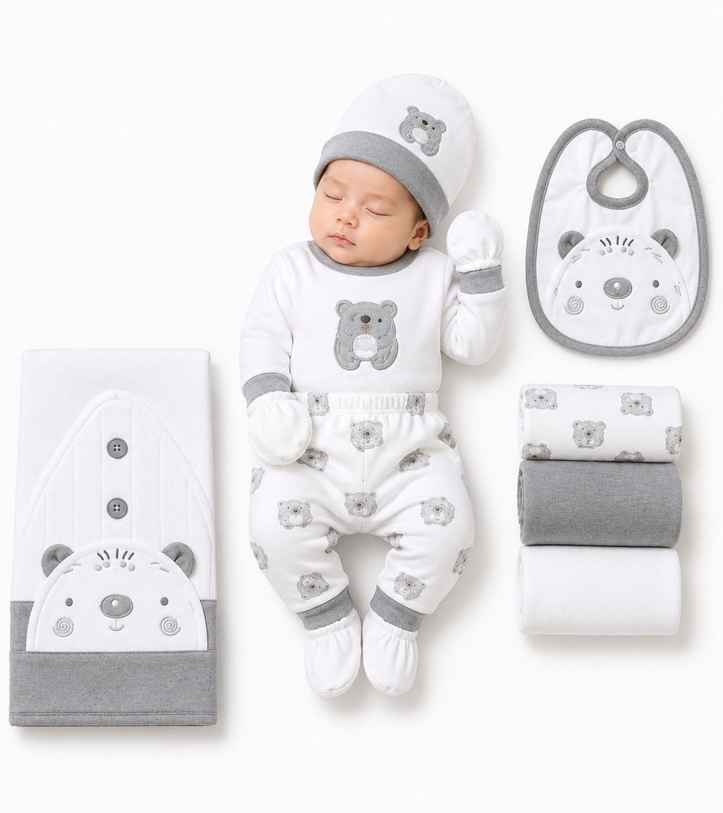 Premium Teddy Bear Newborn Gift Set – Grey & White Collection