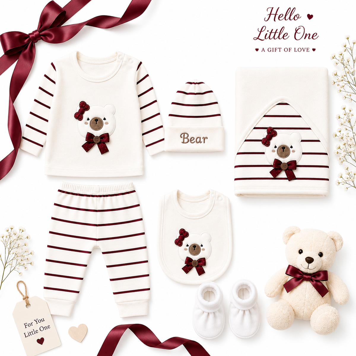 MiniMora Red Bear 7-Piece Newborn Baby Gift Set 🎀