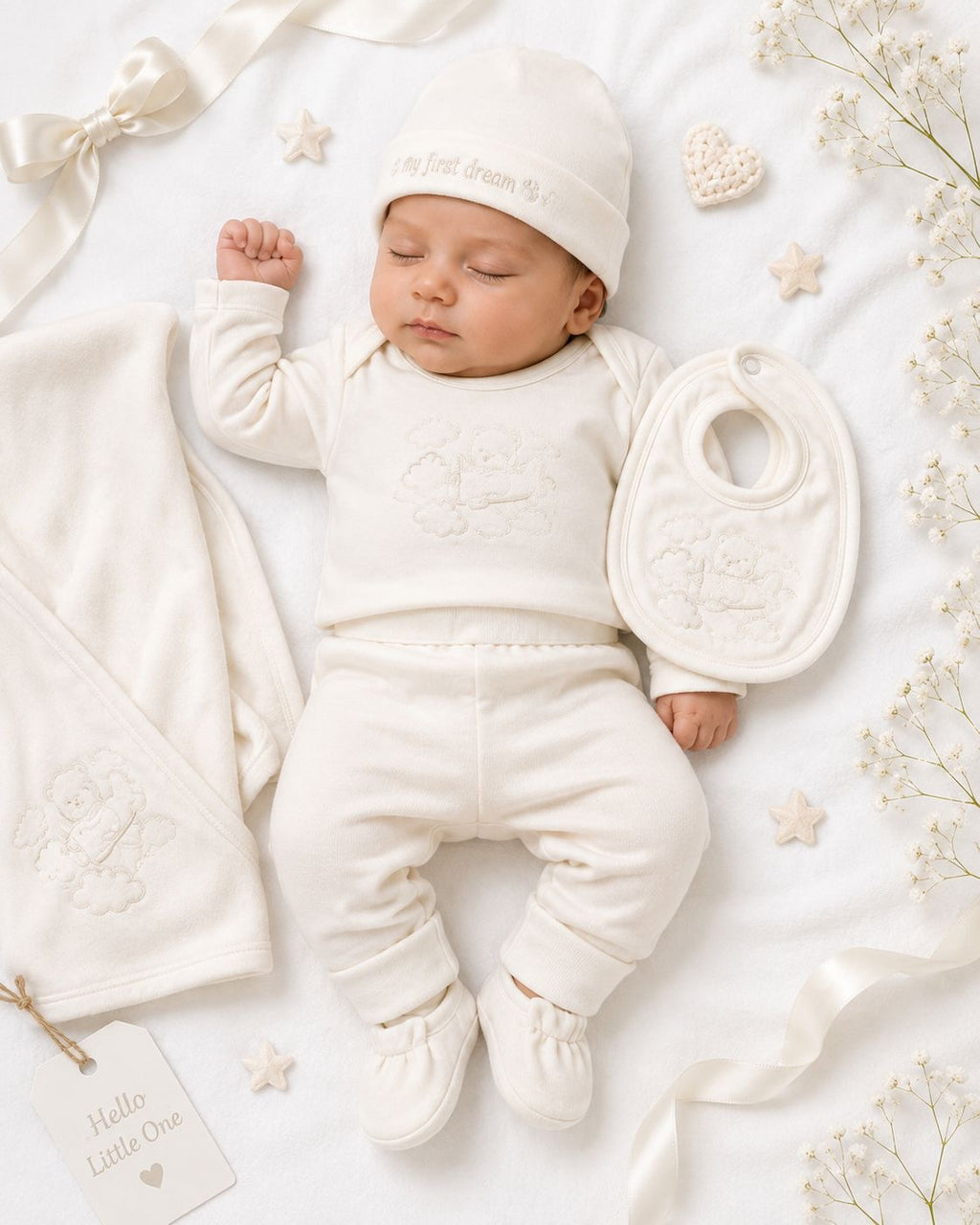 MiniMora Premium 9-Piece Newborn Gift Set – Ultra Soft Cotton Baby Essentials (Cream White)