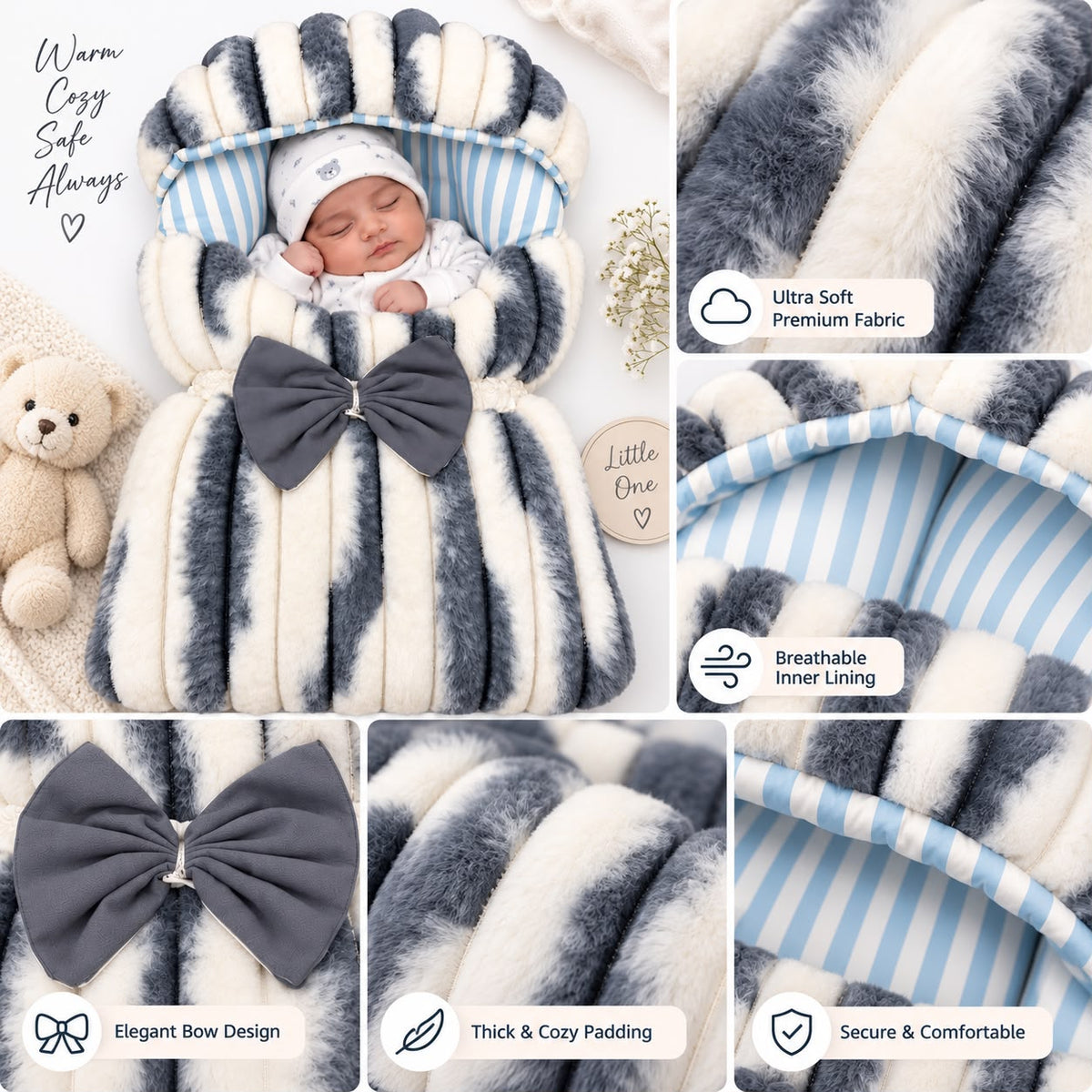 The Signature Luxe Baby Carry Nest - Premium Baby Bedding Set (Blue-White) 0-6 months