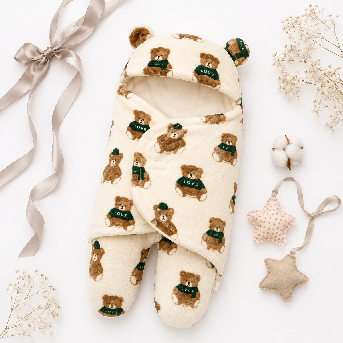 Premium Teddy Bear Hooded Baby Swaddle + Romper