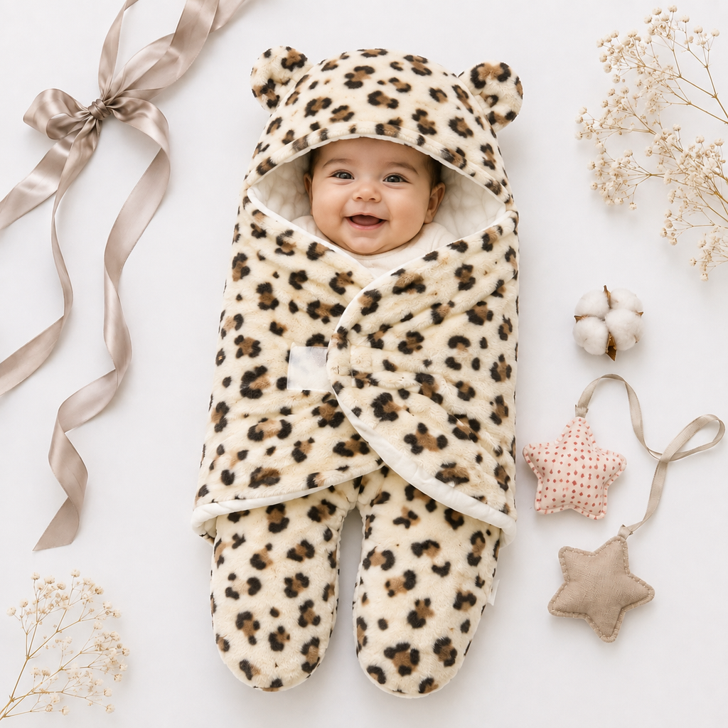 Premium leopard Hooded Baby Swaddle + Romper
