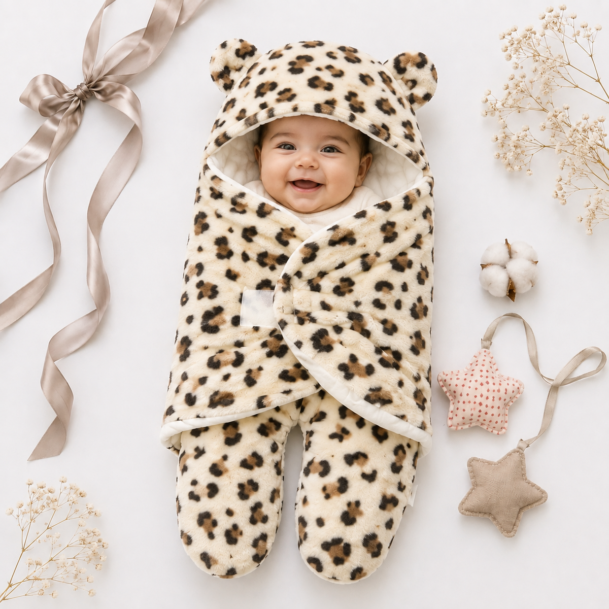 Premium leopard Hooded Baby Swaddle + Romper
